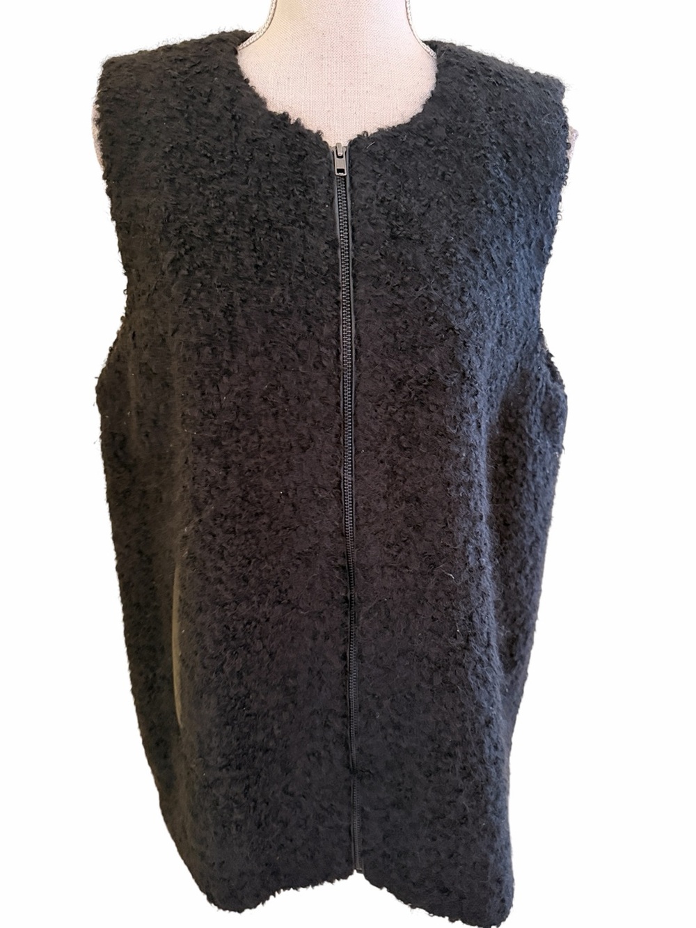 Eileen Fisher Black Boucle Textured Alpaca Blend  Zip-Front Vest XL